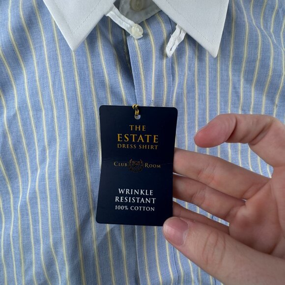 NWT Club Room Men’s 15.5 32/33 Striped Blue Yellow White Collar Button Up Shirt - Picture 6 of 13